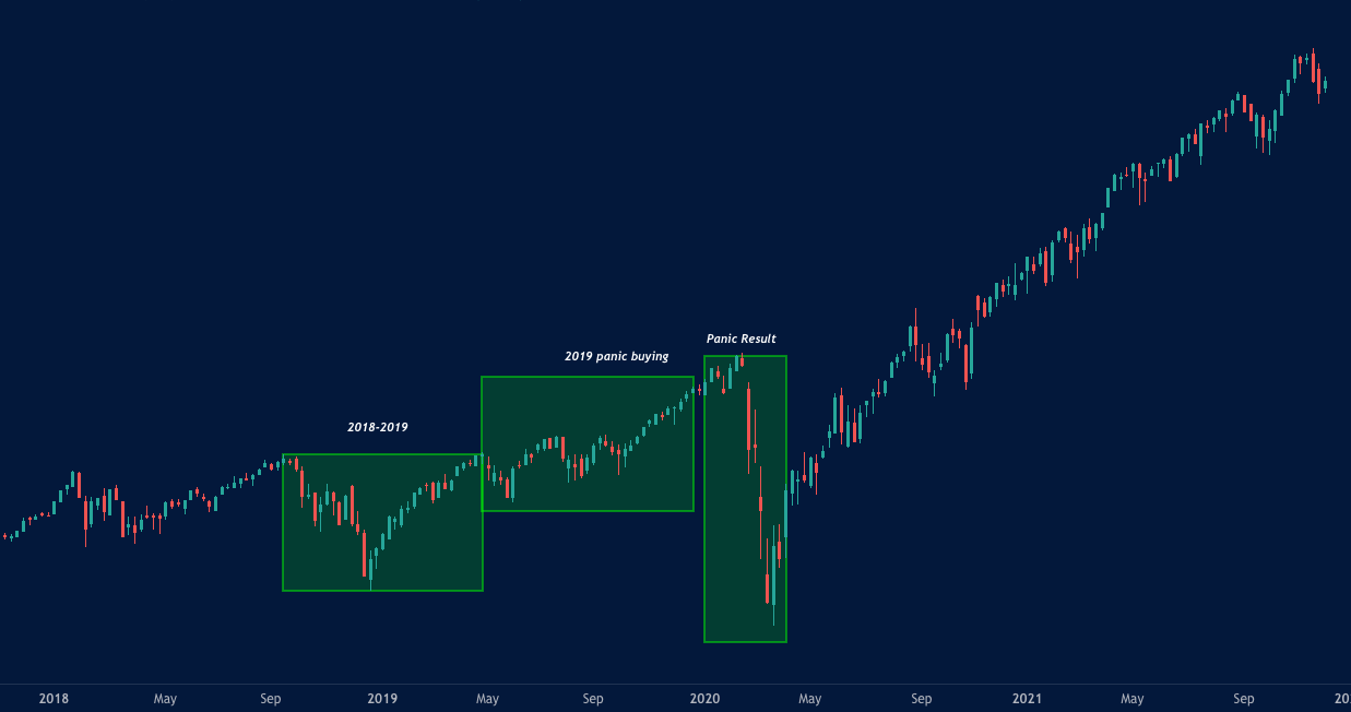 S&P 500 chart from 2018-2021 showing the 2018-2019 consolidation, the 2019 panic buying phase, and the 2020 COVID crash labeled "Panic Result."