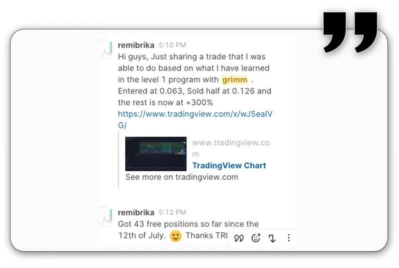 Member sharing +300% trade results and 43 free positions